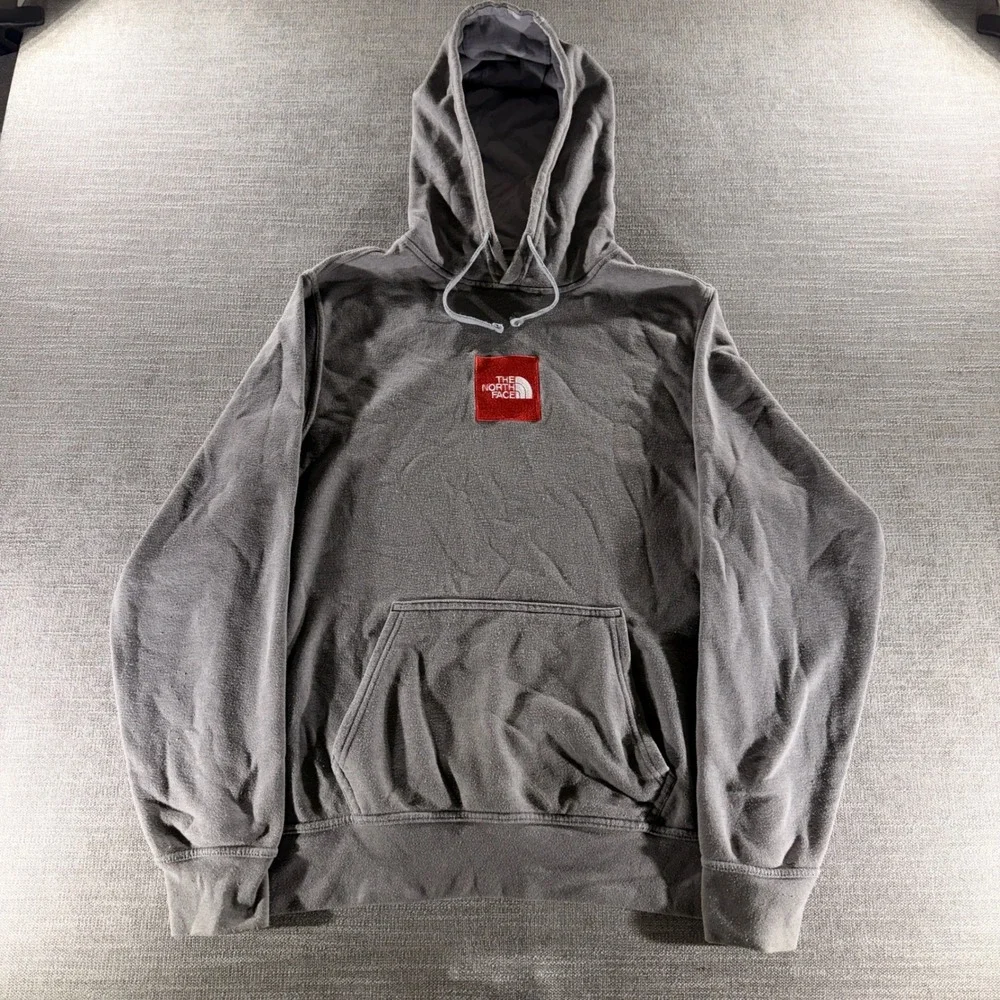 The North Face Hoodie Mens Large Gray Good‎ Red Box Logo Pullover Fleece